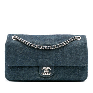 Pre-Loved Chanel Large Embroidered Denim Camellia Flap